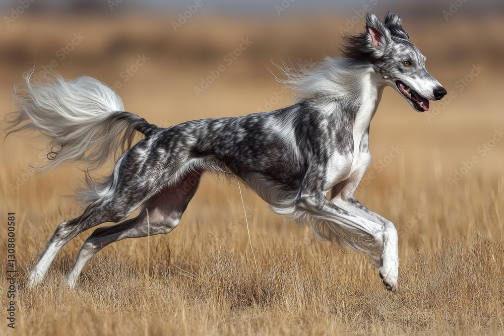 Obraz premium A Silken Windhound running through a field, sleek and graceful, natural setting.