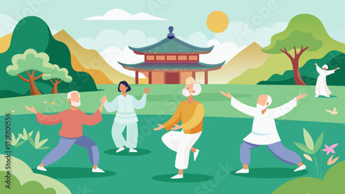 The peaceful energy of a group of seniors practicing Tai Chi in a tranquil Japanese garden.. Vector illustration