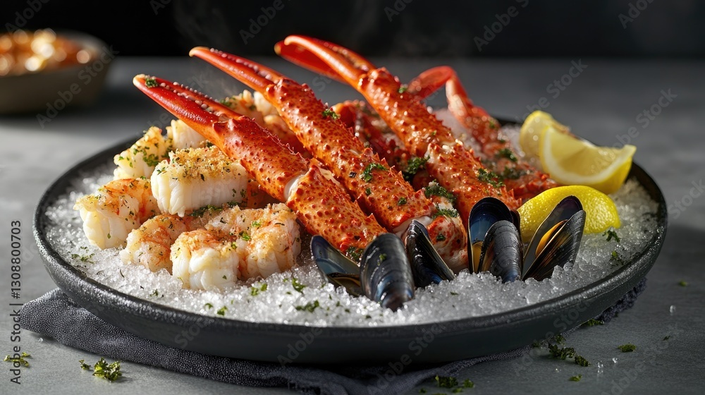 A beautiful seafood platter presented on a bed of ice for dining A beautiful seafood platter presented on a bed of ice for dining