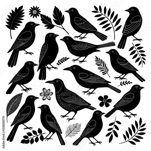 A variety of black birds, flowers, leaves. A variety of clipart sets and silhouettes. Linocut style. Hand drawn modern illustration. Isolated design elements. Icon, ornament, print, decoration