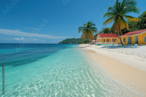 A vibrant beach scene in Scarborough, Trinidad and Tobago, with clear waters