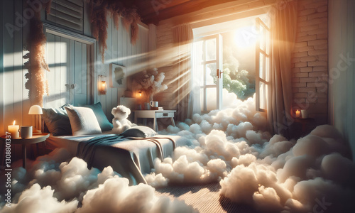 Ein Schlafzimmer mit Bett und vielen Wolken, schlafen wie in Wolken, copy space photo