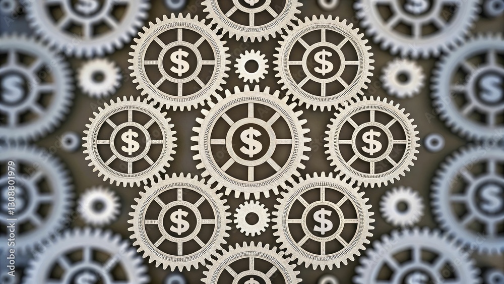 Interlocking gears, adorned with dollar symbols, represent intricate mechanics of financial systems. Interlocking gears, adorned with dollar symbols, represent intricate mechanics of financial systems.