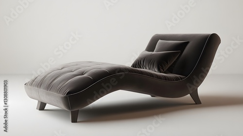 A sleek modern chaise lounge with a velvet finish, elegantly positioned against a plain background