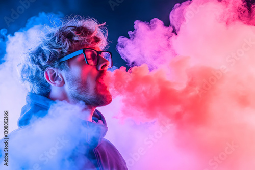 Vapor clouds engulf man in neon light; dramatic portrait for vaping ad or editorial photo
