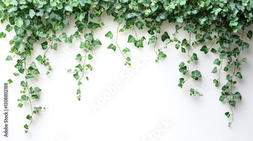 Green ivy leaves cascading down a plain wall, creating a natural decor effect.