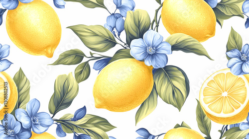 Fototapeta Naklejka Na Ścianę i Meble -  Vibrant lemon & blossom pattern; perfect for summer textile design, kitchen decor, or fresh branding