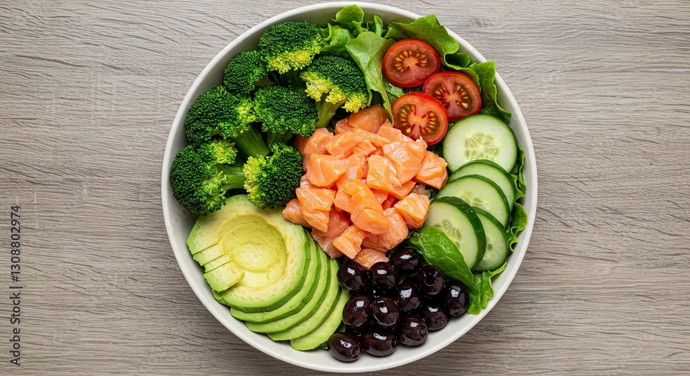 Preparing Salmon Poke Bowl with Fresh Vegetables for Healthy Eating Preparing Salmon Poke Bowl with Fresh Vegetables for Healthy Eating