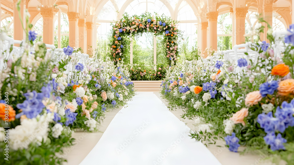 Fototapeta premium Wedding aisle decorated with flowers leading to floral arch in an elegant ceremony location outdoors, promoting celebrations