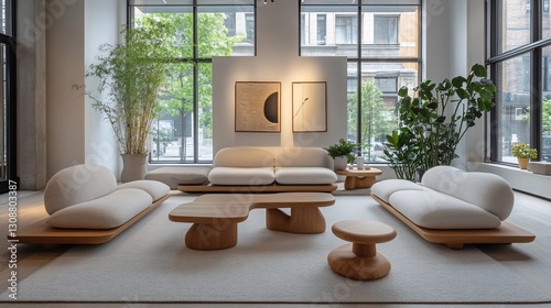 Modern, light-colored, wooden furniture showroom interior, with art and plants