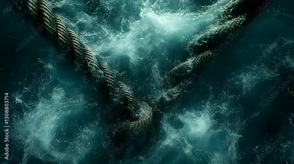 Underwater Tension: A dramatic image showcases a thick, robust rope stretching through the depths of churning ocean water, embodying both strength and uncertainty.