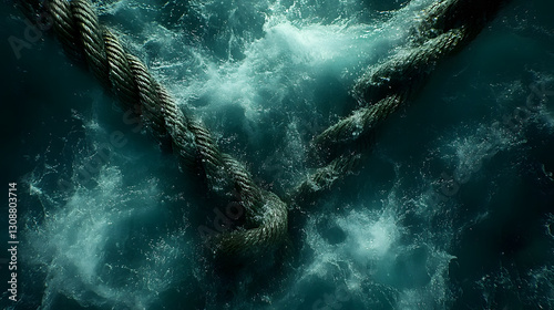 Obraz na płótnie Underwater Tension: A dramatic image showcases a thick, robust rope stretching through the depths of churning ocean water, embodying both strength and uncertainty. w salonie