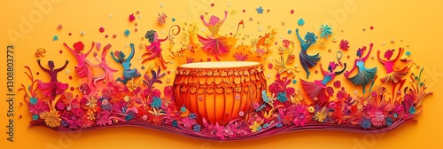 Festive Holi Paper-Cut Design with Dhol, Dancing Silhouettes, and Vibrant Color Bursts 