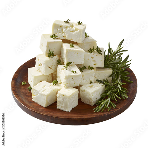 Stacked White Cheese Cubes with Fresh Herbs on a Wooden Plate. A neatly stacked pile of creamy white cheese cubes garnished with rosemary and thyme on a wooden plate photo