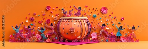 Festive Holi Paper-Cut Design with Dhol, Dancing Silhouettes, and Vibrant Color Bursts 