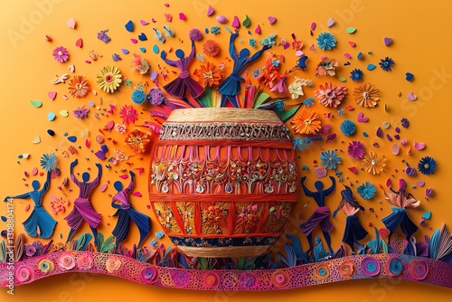 Festive Holi Paper-Cut Design with Dhol, Dancing Silhouettes, and Vibrant Color Bursts 