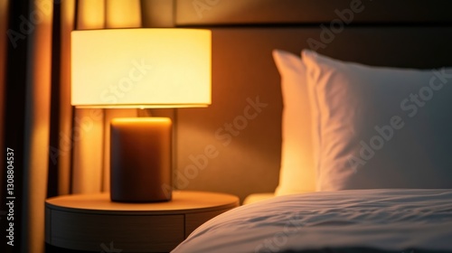 A bedside lamp illuminating a bedroom with pillows and bedding