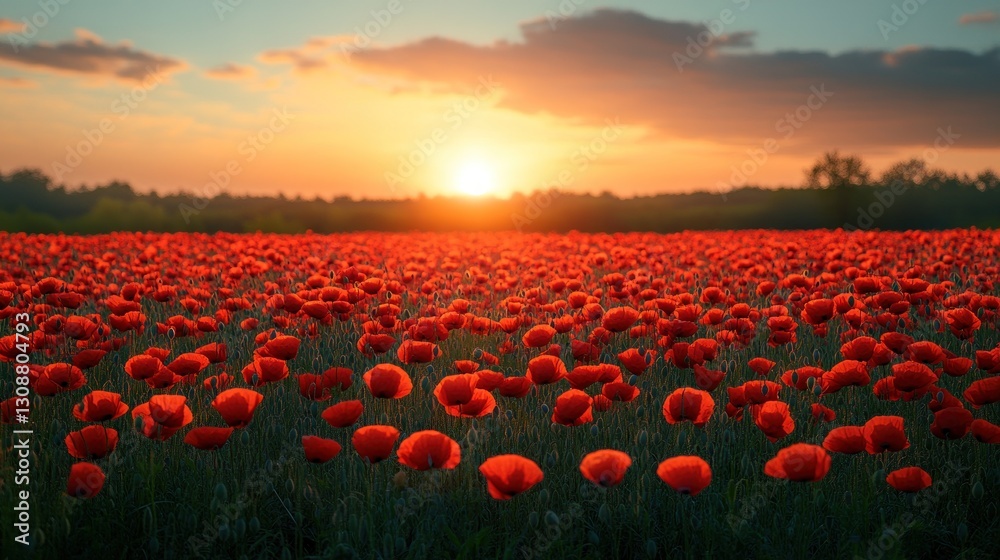 Fototapeta premium Red poppies field at sunset, rural landscape background, nature image