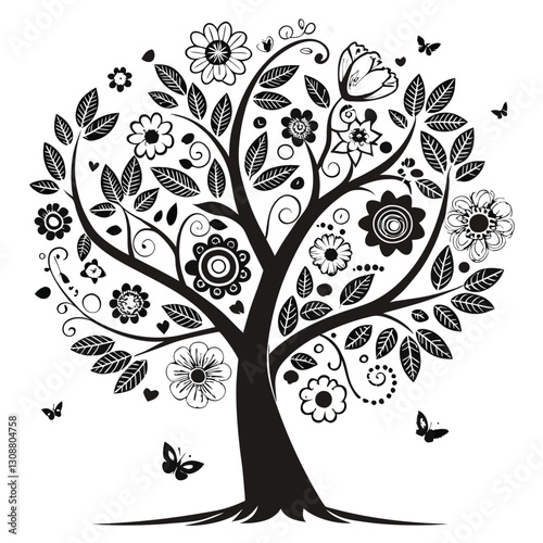 Black tree silhouette with heart-shaped leaves, love and family concept, vector illustration symbolizing connection, care, and affection, perfect for romantic and nature themes

