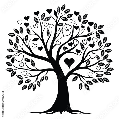Black tree silhouette with heart-shaped leaves, love and family concept, vector illustration symbolizing connection, care, and affection, perfect for romantic and nature themes
