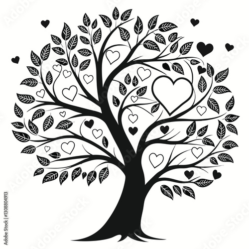 Black tree silhouette with heart-shaped leaves, love and family concept, vector illustration symbolizing connection, care, and affection, perfect for romantic and nature themes
