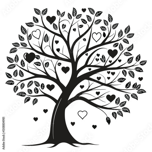 Black tree silhouette with heart-shaped leaves, love and family concept, vector illustration symbolizing connection, care, and affection, perfect for romantic and nature themes
