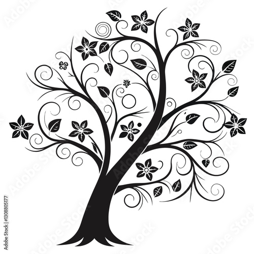 Black tree silhouette with heart-shaped leaves, love and family concept, vector illustration symbolizing connection, care, and affection, perfect for romantic and nature themes
