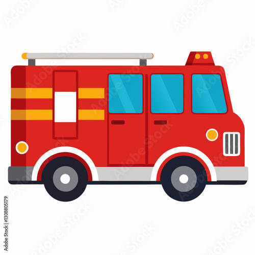 A cartoon illustration of a red firetruck with yellow stripes emergency vehicle