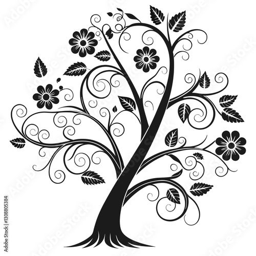 Black tree silhouette with heart-shaped leaves, love and family concept, vector illustration symbolizing connection, care, and affection, perfect for romantic and nature themes
