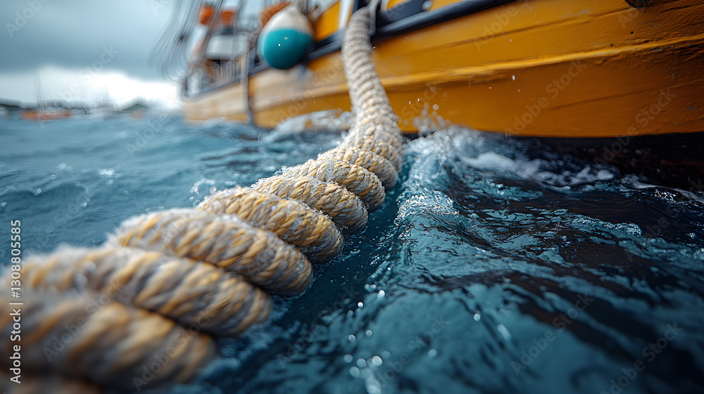 The boat's mooring rope in the ocean: A close-up shot of a thick, textured rope securing a boat in choppy, blue ocean, evoking a sense of maritime life, travel, and adventure.