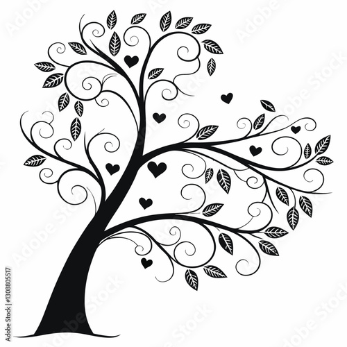 Black tree silhouette with heart-shaped leaves, love and family concept, vector illustration symbolizing connection, care, and affection, perfect for romantic and nature themes
