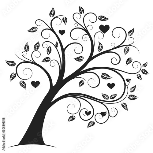Black tree silhouette with heart-shaped leaves, love and family concept, vector illustration symbolizing connection, care, and affection, perfect for romantic and nature themes
