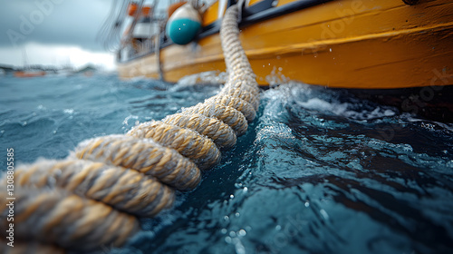Obraz na płótnie The boat's mooring rope in the ocean: A close-up shot of a thick, textured rope securing a boat in choppy, blue ocean, evoking a sense of maritime life, travel, and adventure. w salonie