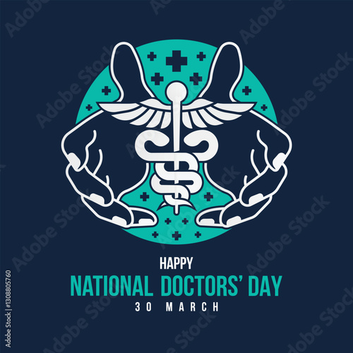 National doctors' day - white line hands hold Medical doctor symbol with cross sign around in circle on dark blue background vector design