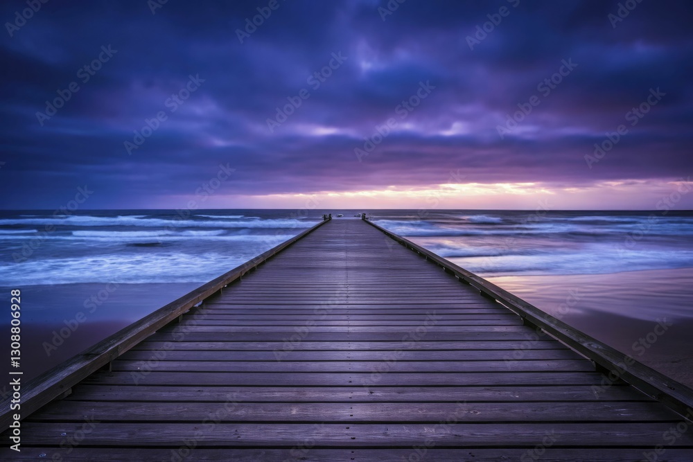 Obraz premium Serene wooden pier stretches into vast ocean under dramatic, colorful sky at dusk.