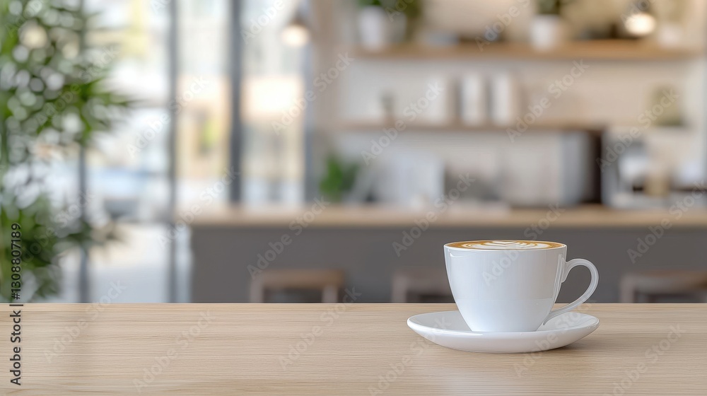 A serene coffee cup on a wooden counter in a bright, modern cafe setting, capturing a cozy and inviting atmosphere.