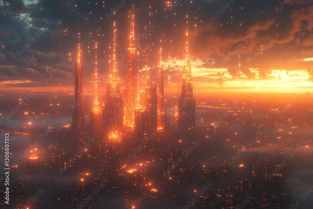 Fototapeta premium Futuristic city skyline at sunset with glowing lights, aerial view