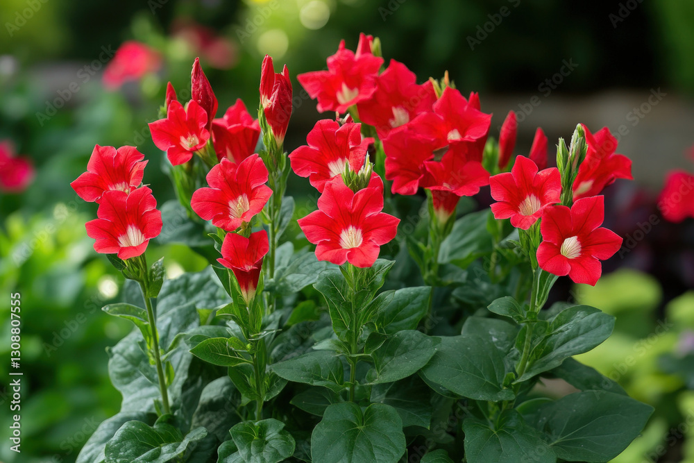 An illustration of Nicotiana alata flowers against a garden backdrop An illustration of Nicotiana alata flowers against a garden backdrop