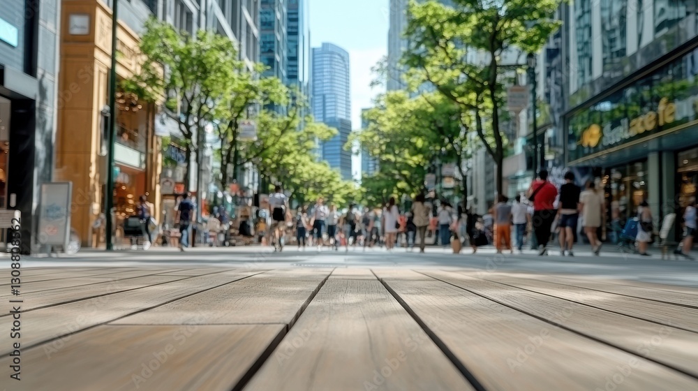 Bustling urban street with people and tall buildings on a sunny day, vibrant city life in perspective.