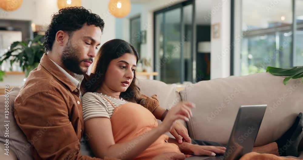 Couple, relax and laptop in home for discussion, online shopping and purchase furniture together. Man, woman and computer on sofa for interior design on internet, decision and pointing at decoration Couple, relax and laptop in home for discussion, online shopping and purchase furniture together. Man, woman and computer on sofa for interior design on internet, decision and pointing at decoration