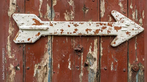 Weathered wooden arrow sign directing towards a path on an aged red barn facade