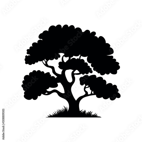 Silhouette of a large tree with thick trunk and bushy top vector
