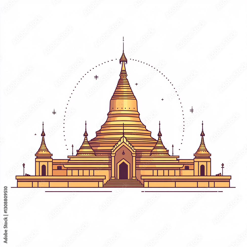 Obraz premium minimalist flat design illustration of golden pagoda with intricate details, surrounded by serene atmosphere. structure features multiple spires and central dome, showcasing traditional