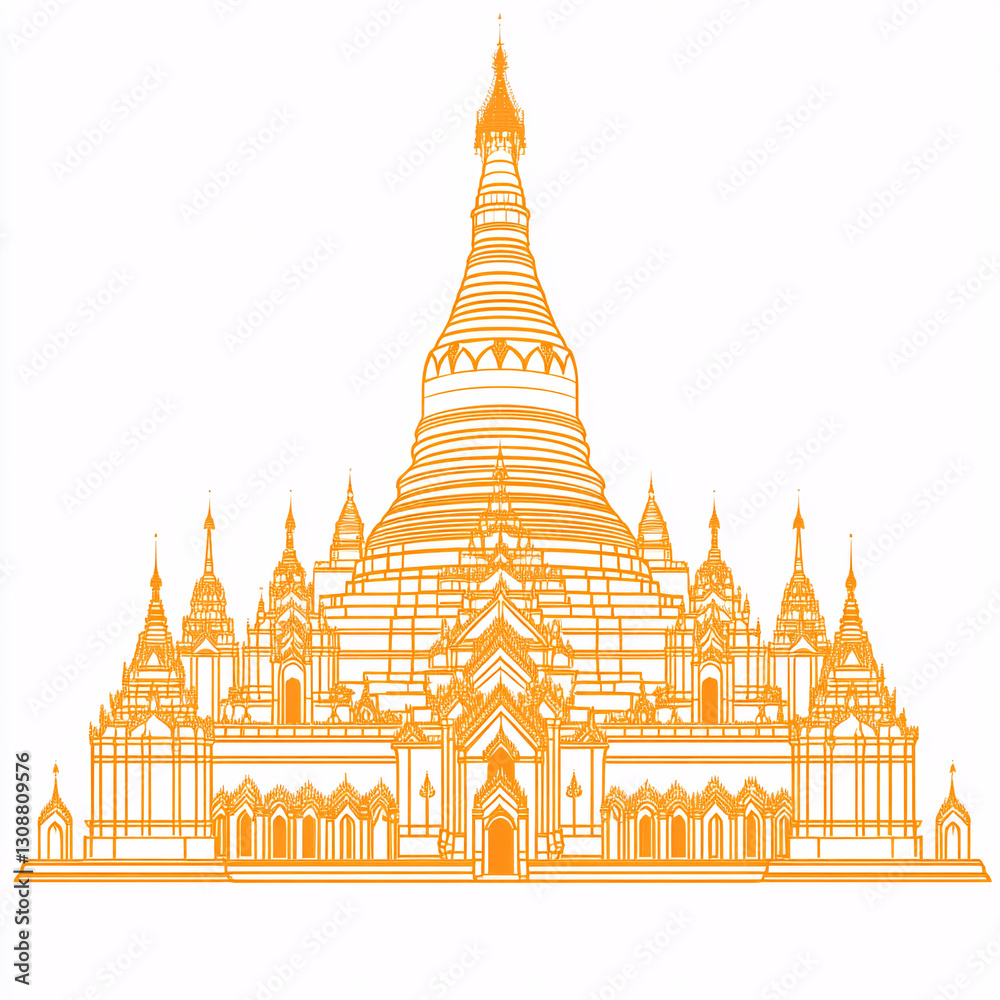 Naklejka premium Minimalist flat design illustration of pagoda with intricate details, showcasing traditional architecture and cultural significance. warm orange color adds vibrant touch