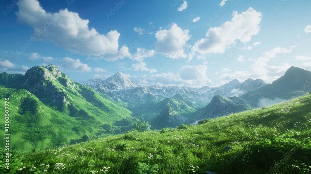 Obraz premium Beautiful green mountain range under a vibrant bright blue sky