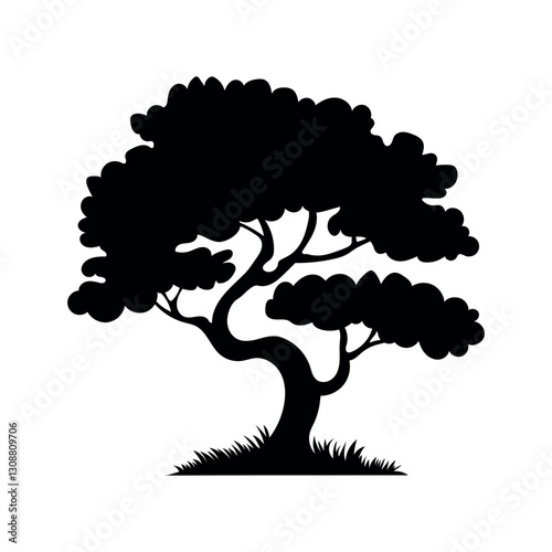 Silhouette of a tree with curved trunk and dense foliage