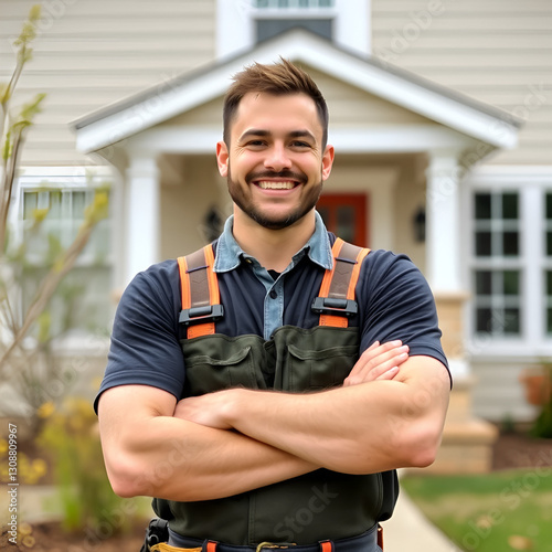 A handyman stands in front of a house with his arms crossed, smiling at the camera.
