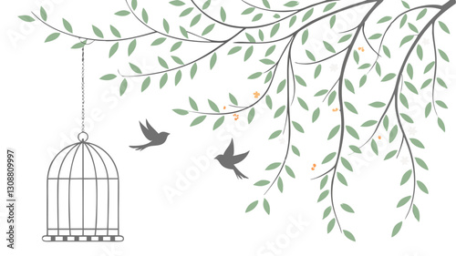Spring Blossom Tree with Pink Flowers, Love Birdhouses, and Flying Birds – Elegant Nature Illustration on White Background