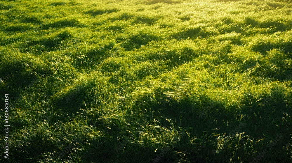 Beautiful sunlit green grass field with waving movement detail Beautiful sunlit green grass field with waving movement detail