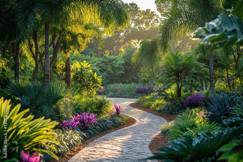 Obraz premium Winding stone path through lush tropical garden at dawn